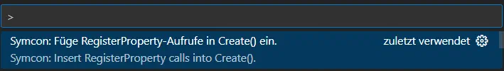 Befehlspalette mit dem Befehl für RegisterProperty