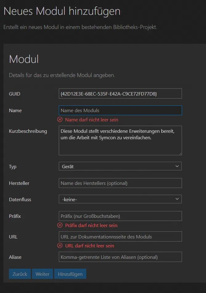 Assistent für ein neues Modul mit GUID, Name, Typ, Datenfluss und Präfix