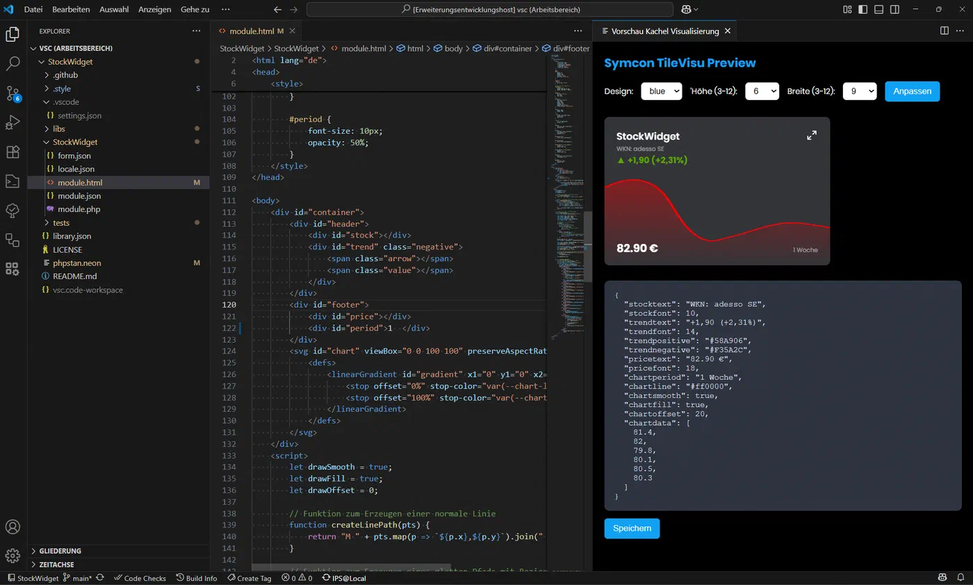 Visual Studio Code mit geöffneter module.html und Live-Vorschau einer Kachel